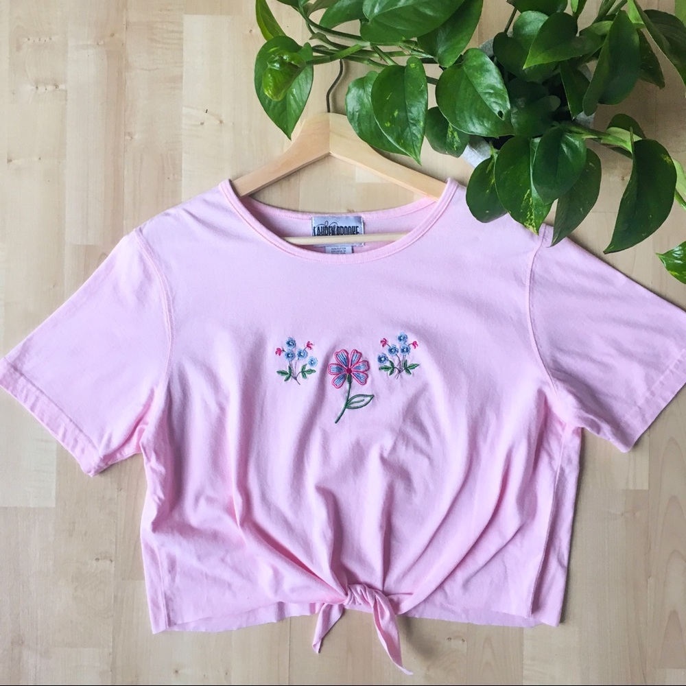 Vintage 90s Floral Embroidered Crop Top Tee L - Picture 4 of 7